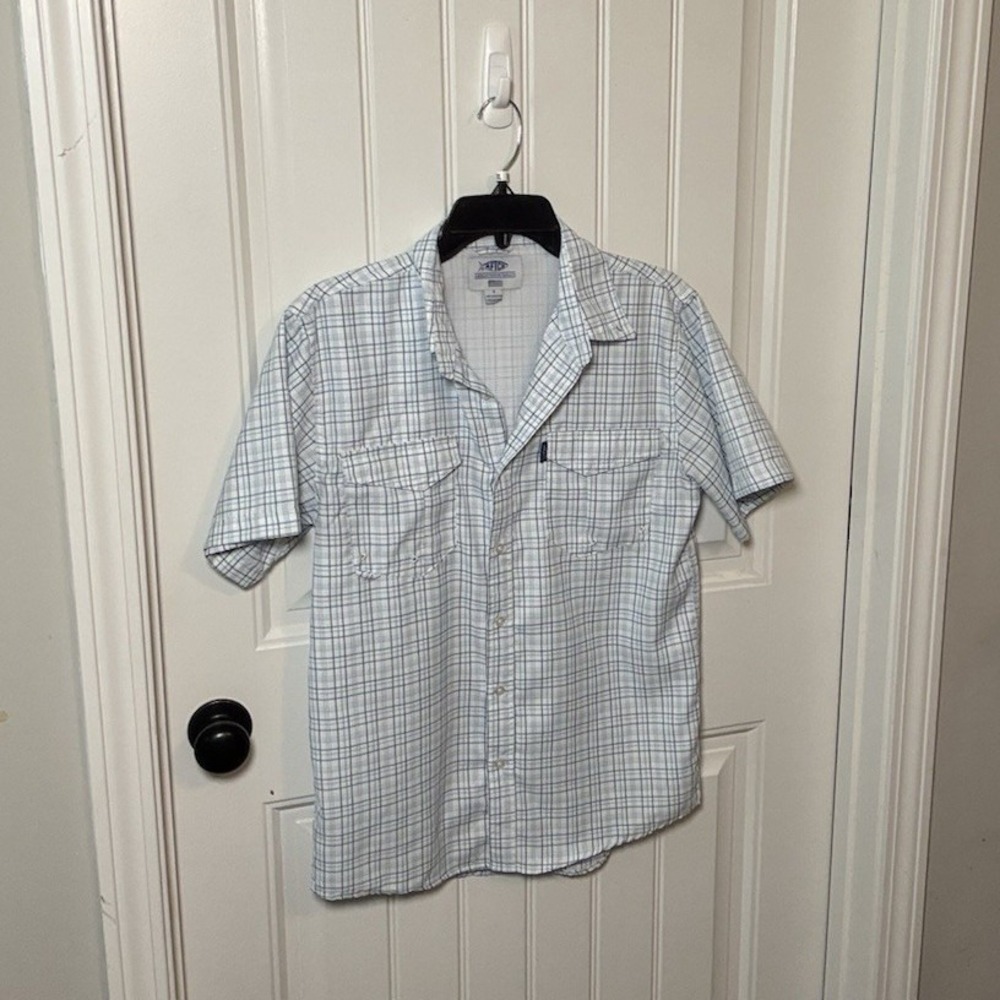AFTCO Men's Size Small Blue/White Plaid Short Sleeve Woven Shirt Pockets